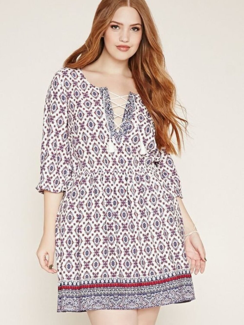 Forever 21 Plus Multi Color 3/4 Sleeves boho Ornate Lace Up Print Dress 1X